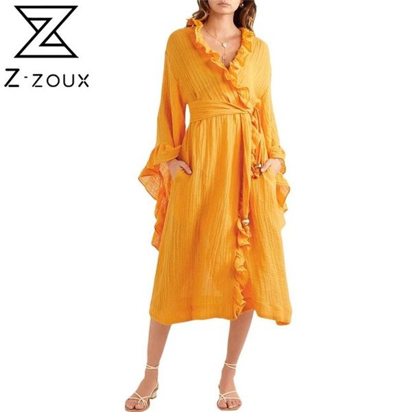 

women dress v neck long sleeve maxi es ruffles bandage high waist vintage loose ladies es 210513, Black;gray