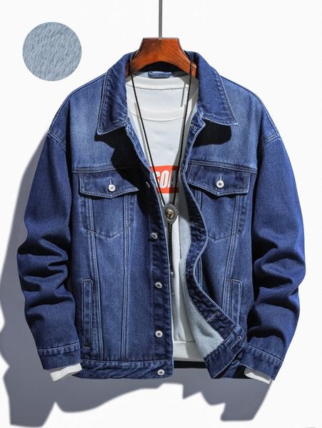 

men flap pocket thermal denim jacket without tee 74r5#, Blue