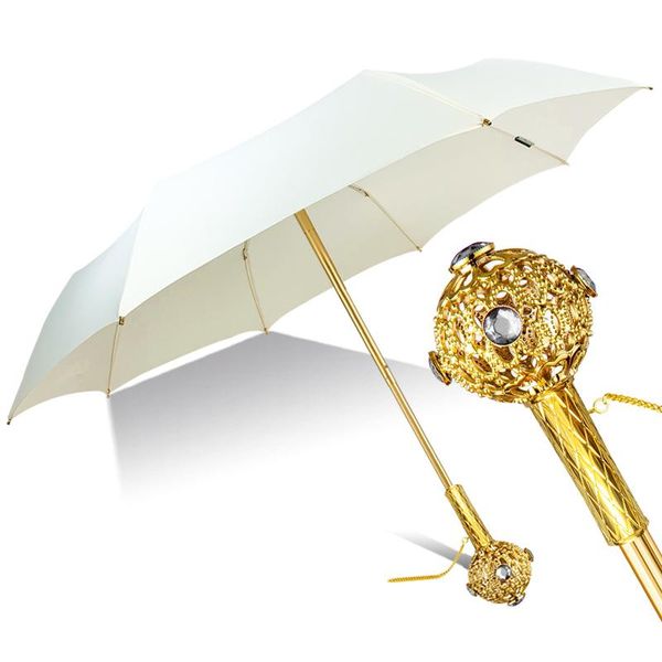 

umbrellas gold handle luxury umbrella three-folding anti-uv sunshade retro white princess rain and sun u5m