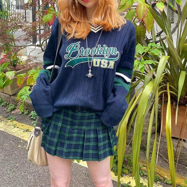 

women's sweaters autumn women casual knitted sweater ladies letter print v-neck long sleeve kintwear pullovers cropped, White;black