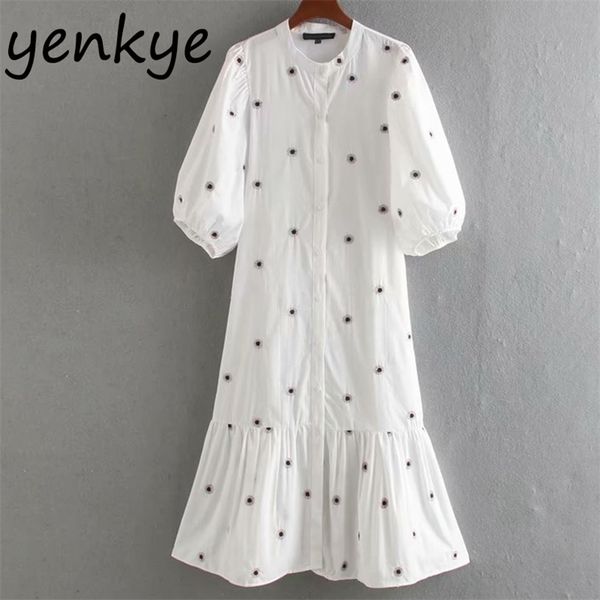 

women floral embroidery dress female stand collar lantern sleeve midi casual plus size white vestido ccwm9596 210514, Black;gray