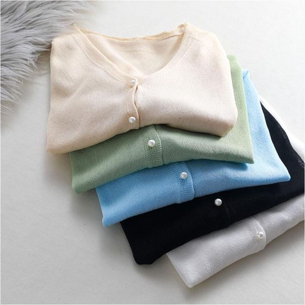 

women's vests 2021 summer short transparent cardigans women casual thin pearl button lady knit coat outwear sun protection, Black;white