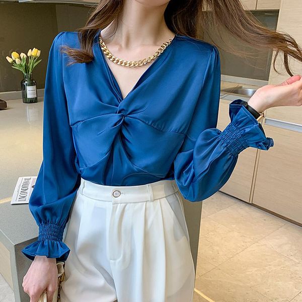 

women's blouses & shirts femme 2021 autumn v-neck chain long-sleeved shirt korean flared sleeves twist knot fashion thin chiffon top, White