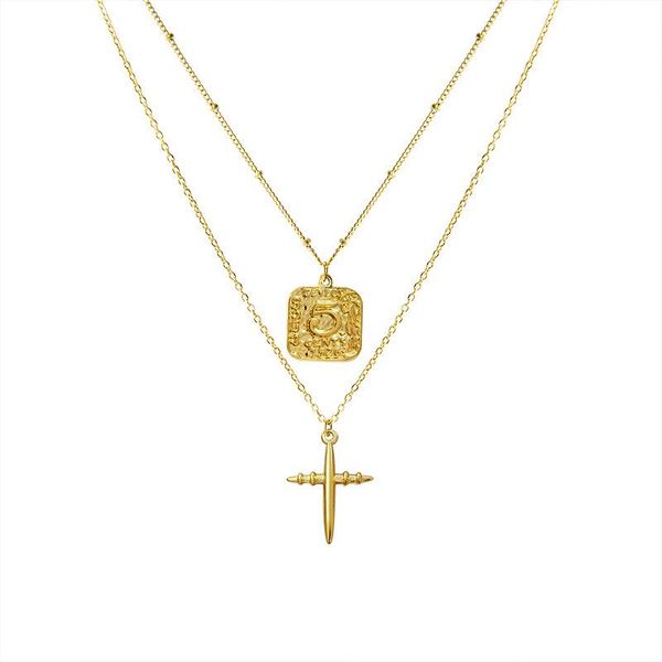 

pendant necklaces cuban necklace hip hop number 5 record men double chain gold silver color streetwear jewelry women cross 2 layer colliar