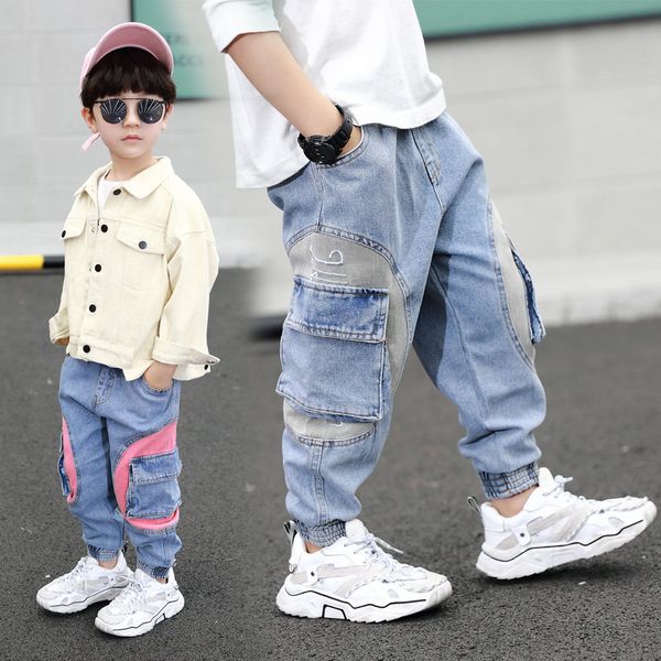 

casual kids cargo jeans for boys elastic waist denim pants cowboy cargo pocket jeans pants baby boys solid color sport trousers, Blue