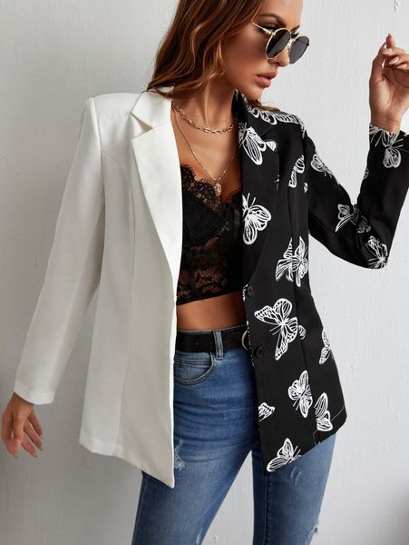 

butterfly print two tone blazer h54v#, White;black