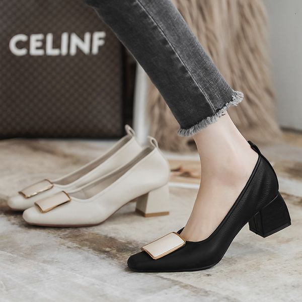 

soft leather single shoes sandals women fashion heel casual soft shallow mouth granny thick korean version 616-8 7gbc, Black