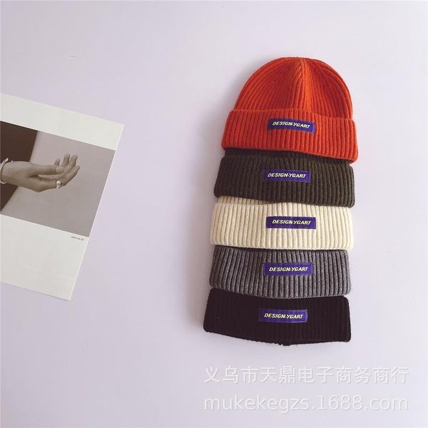 

caps & hats japanese style children simple knitted landlord hat tide personality baby street shooting letter mark dome wool solid color, Yellow