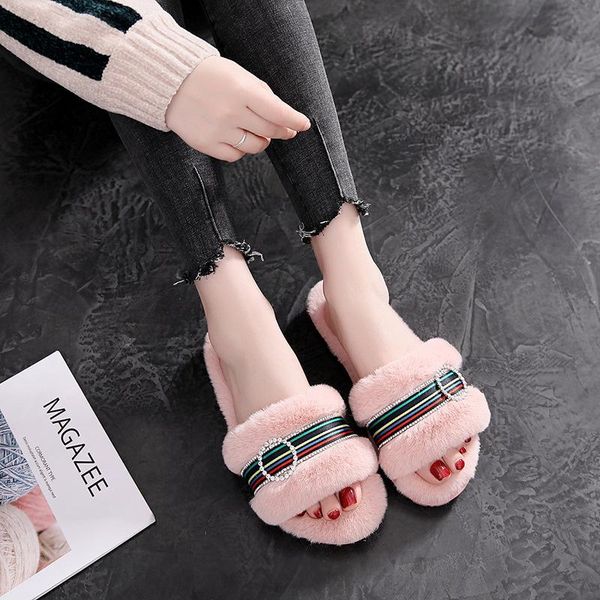 

multicolor ribbon fluffy slippers women shine crystal round buckle indoor slides solid open toe pantufals rabbits fur home shoes, Black