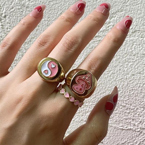 

cluster rings ins vintage color cute pink mushroom ring simple metal drop oil plant for women girls fashion jewelry gift, Golden;silver