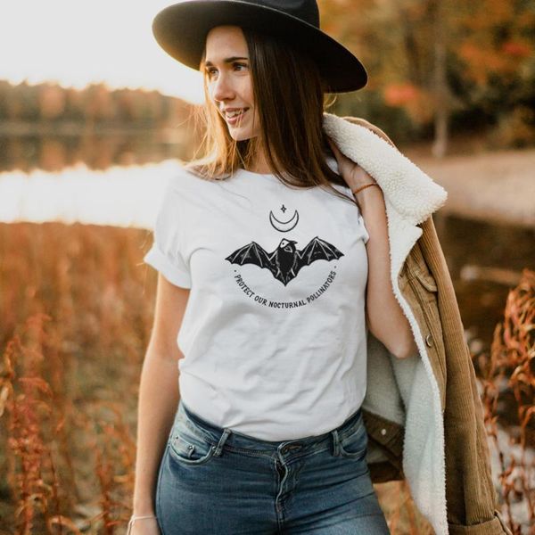 

women's t-shirt protect our nocturnal pollinators with moon graphic printed funny casual 100%cotton animals slogan tee, White