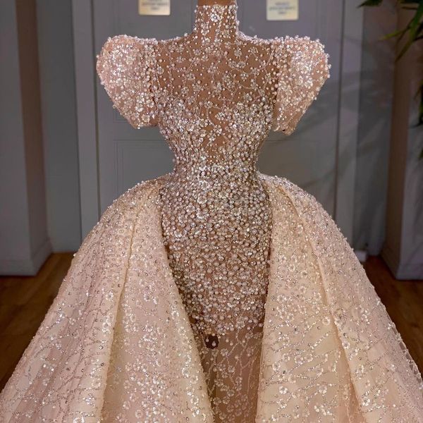 

luxurious see thru mermaid wedding dress cap sleeve beading high neck bridal gowns with detachable train vestido de novia, White
