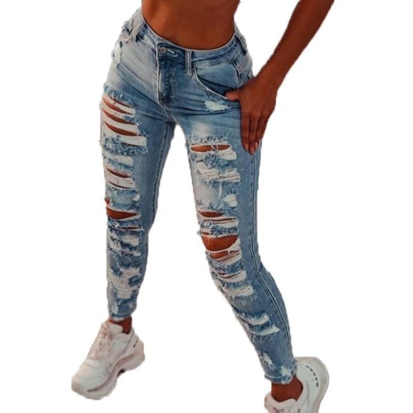

women's jeans chicros ripped high waist pants slim cropped trousers the, Blue