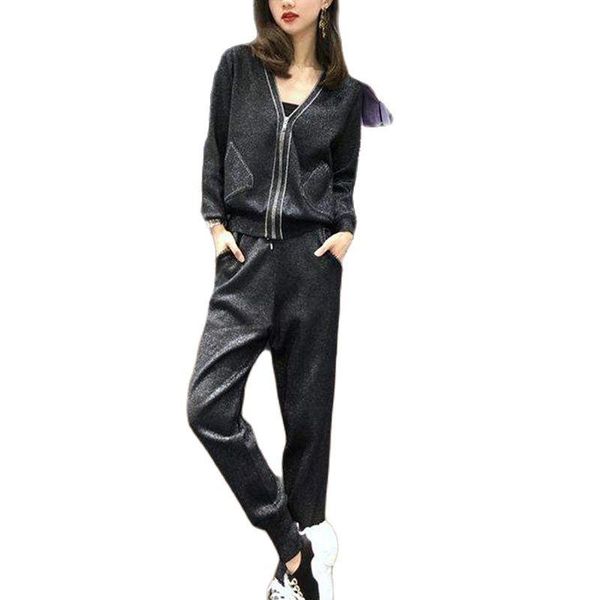 

women's two piece pants casual knitted suit 2021 spring and autumn bright silk sportswear two-piece fashion clothing, White