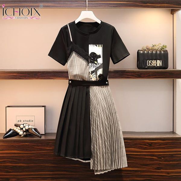 

two piece dress ichoix -4xl of women 2 pieces defines woman's clothes 2 piece together skirt beach outfit black cotton shirt and kits, White