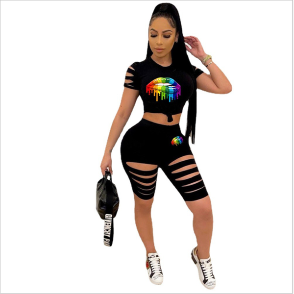 

women's tracksuits women lip print tracksuit o neck two 2 piece sets active sporty summer outfits clothes set, Gray