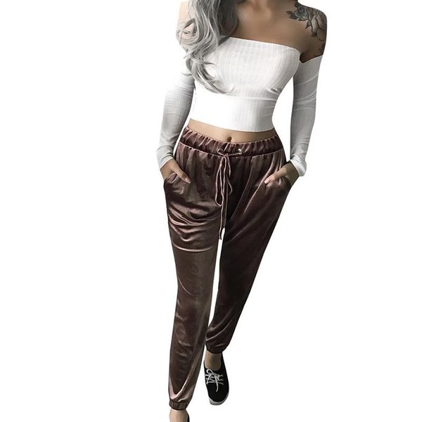 

women's pants & capris women autumn solid slim elastic waist drawstring casual pockets joggers ladies fashion velvet all-match trousers, Black;white