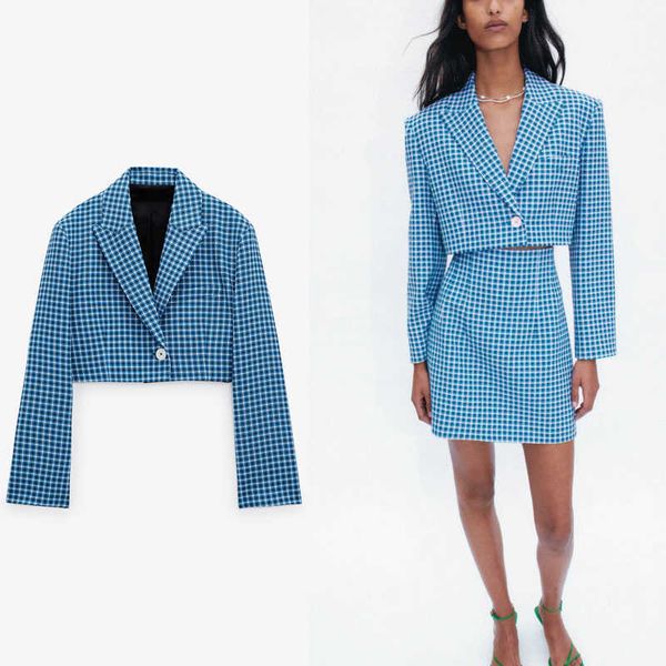 

za blue plaid cropped blazer women long sleeve single button office lady coat feminine false welt pocket summer blazers 210602, White;black
