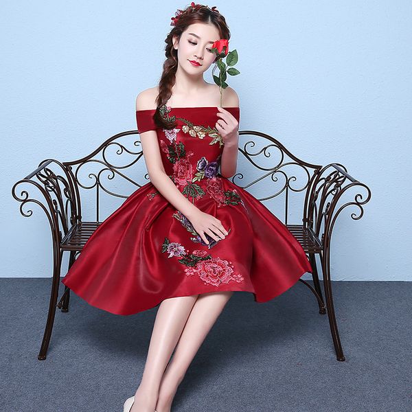 

2021 wedding female long bride spring and summer one shoulder red toast drs, White