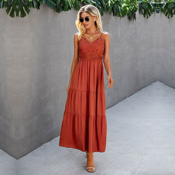 

new lace patchwork spaghetti strap dress women casual solid color sleeveless ladies long sling party dresses 210413, Black;gray