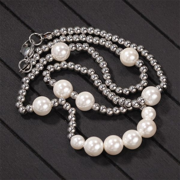 

new fashion mens pearl necklace hip hop stainless steel ball beaded necklace jewelry clavicle chain necklace 298 n2, Silver