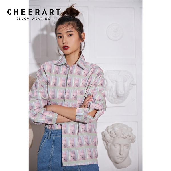 

pink rabbit print plaid shirt women long sleeve and blouses aesthetic designer harajuku fashion 210427, White