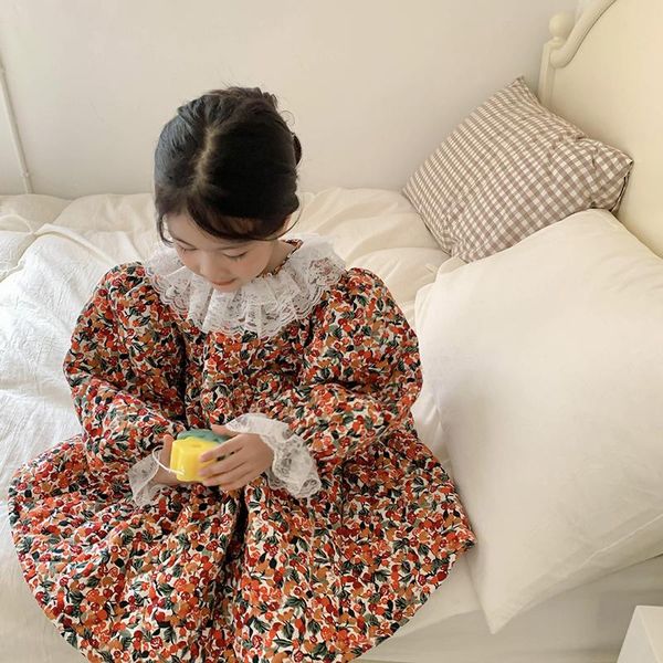 

girl's dresses spring autumn girls dress baby kids children ins vestidos floral print lace collar cotton padded warm 2 to 6 yrs, Red;yellow