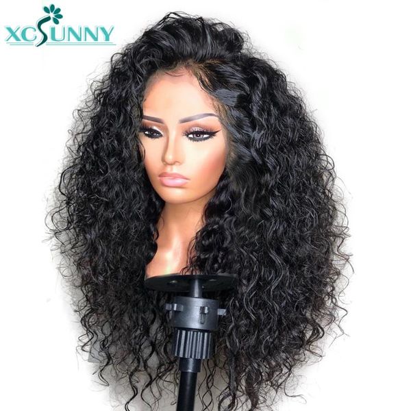 

13x6 lace front curly human hair wig deep part remy brazilian frontal wigs pre plucked 180 density glueless for women xcsunny, Black;brown