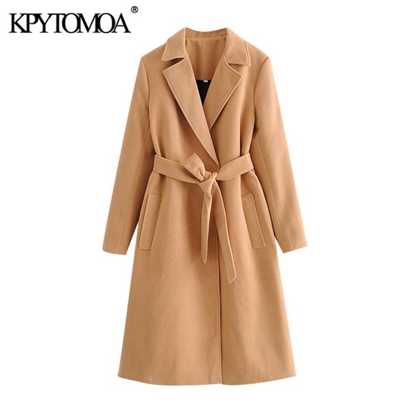 

women fashion with belt side pockets woolen coat vintage long sleeve back vents female outerwear chic overcoat 210421, Black