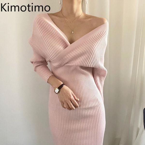 

kimotimo v neck sweater dress long sleeve sheath elegant bodycon evening night club knitted autumn chic women vestido casual dresses, Black;gray