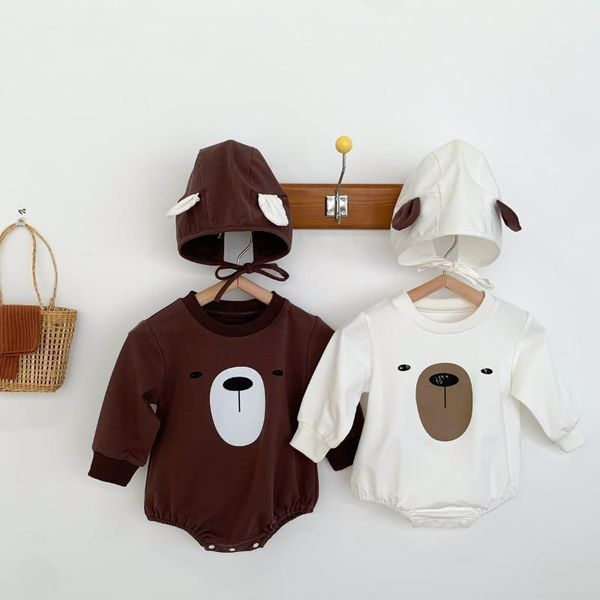 

rompers autumn born baby boys girls clothes plus velvet bodysuit +hat 2pcs long sleeve jumpsuit cute bear print clothing, Blue