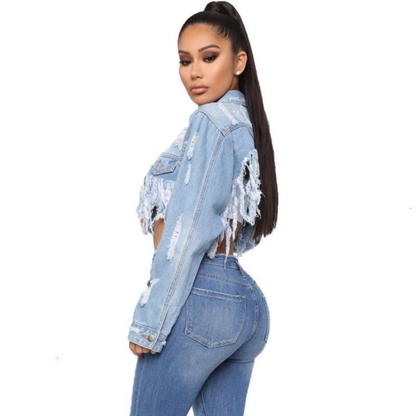 

women's jackets women denim jacket ripped hole tassel coats casual loose turn-down collar long sleeve cropped stree ixhk, Black;brown