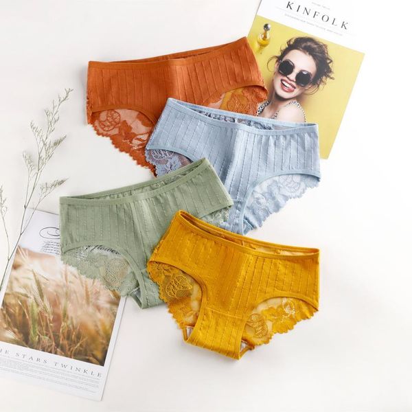 

women's panties underwear breathable vertical pattern jacquard lace stitching pure cotton inner file briefs thin hollow, Black;pink