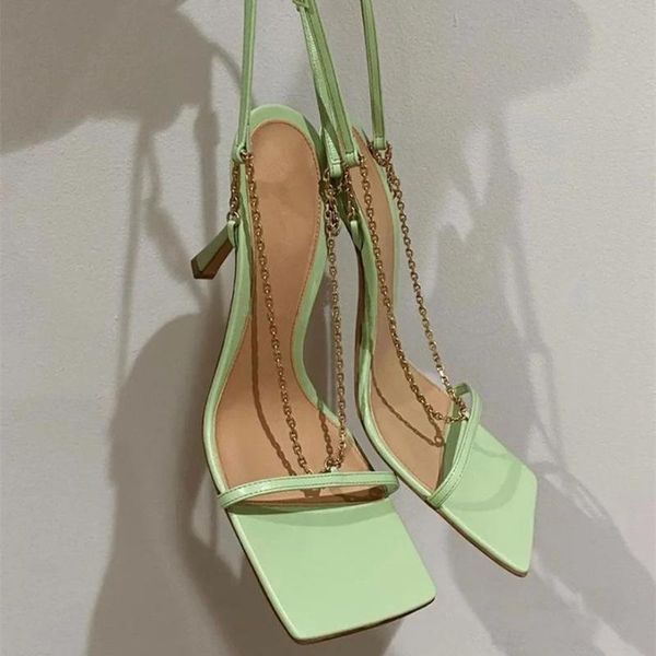 

chain-chain sandals for women spring/summer 2021 roman heels with square toe and peep-toe thin straps dress shoes, Black