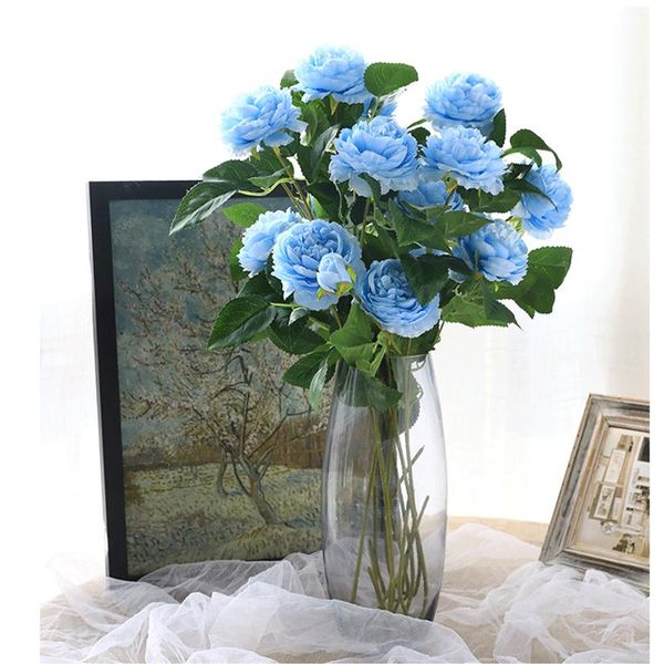 

5pcs blue peonies flowers artificial bouquet wedding table decor home living room decoration accessories fake peony flower decorative & wrea