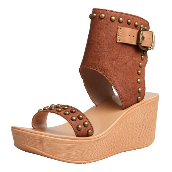 

genuine leather women sandals thick sole platform wedge shoes woman rivets studded pumps wedges sandalias mujer dress, Black