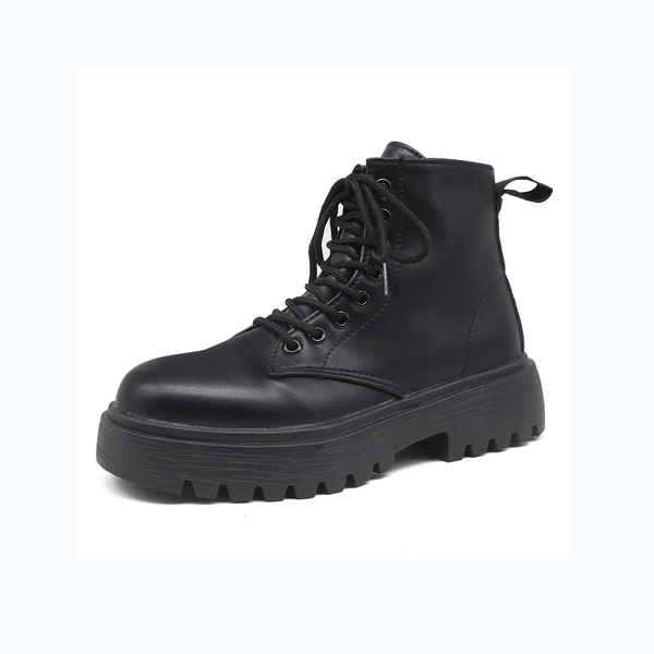

boots 2021 korean version of the black handsome women's british style pine cake thick bottom lace-up mid-heel short