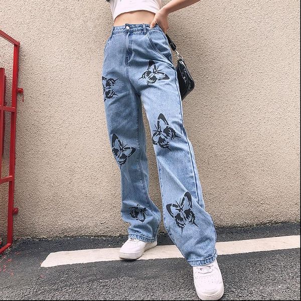 

womens capris butterfly printed straight pants women casual harajuku denim long trousers ladies streetwear fashion jeans female, Black;white