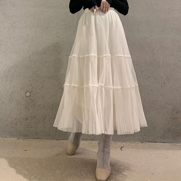 

skirts 3 layered women's pleated 2021 spring elastic waist diamonds beaded black mesh tulle long skirt female