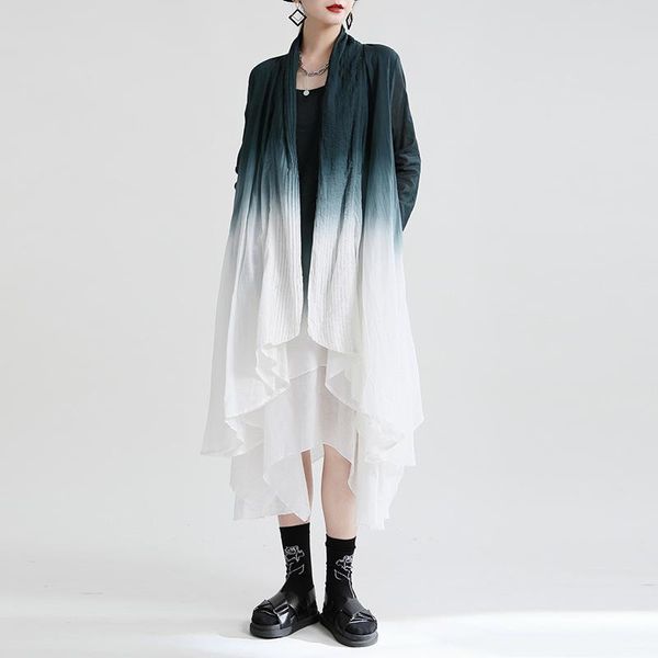 

women's trench coats johnature autumn vintage gradual change dip dye irregular women 2021 all match loose pockets cardigan long, Tan;black