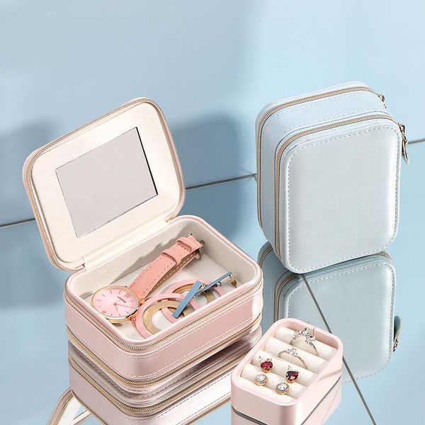 

storage bags portable double zipper jewelry box pu leather lipstick makeup kit
