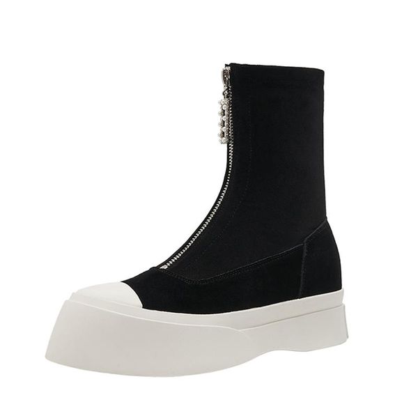 

boots womens winter stretch ankle motorcycle booties casual thick bottom sneakers pearls zip luxury comfortable shoes zapatillas mujer, Black