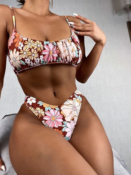 

floral print ruched bust high cut bikini swimsuit e7v6#, White;black