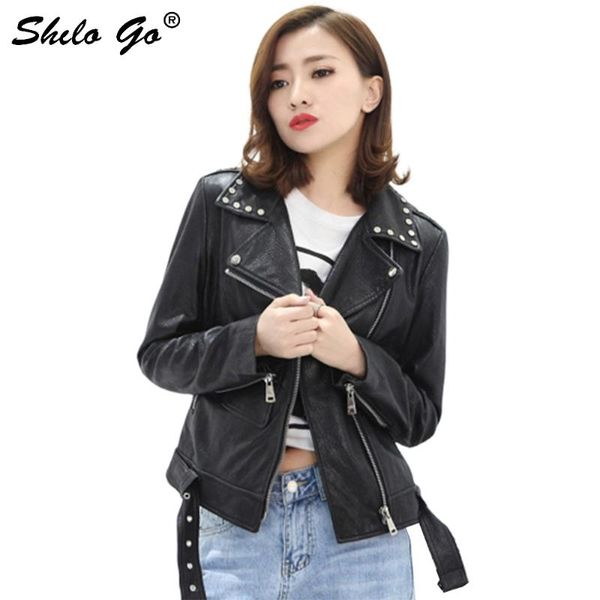 

women's jackets shilo go leather jacket womens spring fashion sheepskin genuine coat lapel collar metal button belt casual locomotive, Black;brown