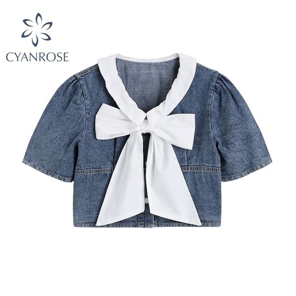 

women's summer retro puff short sleeve denim blouse streetwear big bow patchwork shirt ladies fashion sweet casual 210515, White