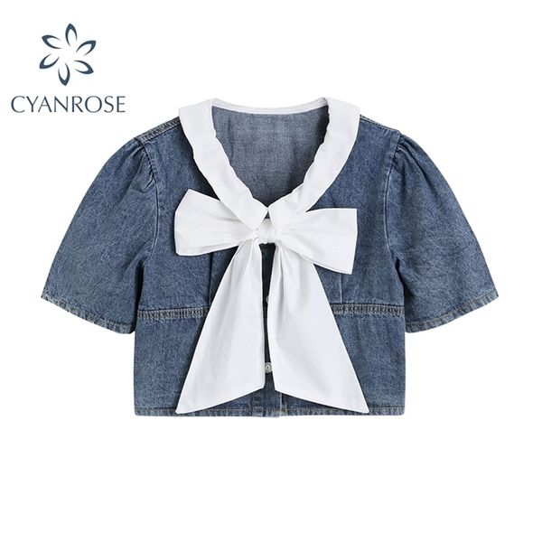 Verão Feminino Retro Buff Manga Curta Denim Blusa Streetwear Big Bow Patchwork Camisa Senhoras Moda Doce Casual Tops 210515