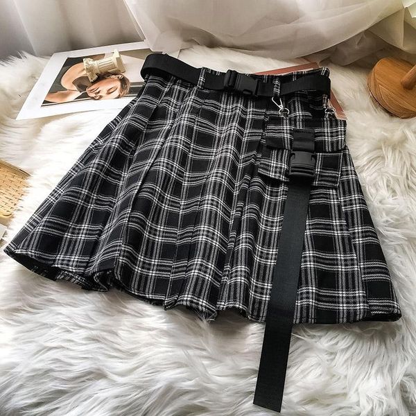 

skirts women casual mini high waist harajuku a-line plaid short skirt ladies streetwear safari pleated female, Black