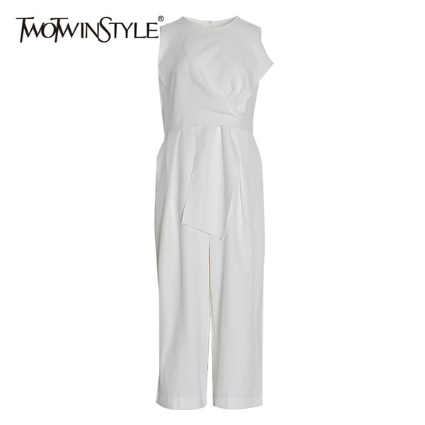 

casual black jumpsuit for women o neck sleeveless high waist wide leg pants ruched loose female 210521, Black;white