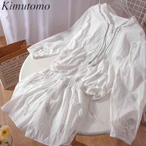 

kimutomo casual white suit summer fashion long sleeve loose and high elastic waist shorts two piece set 210521