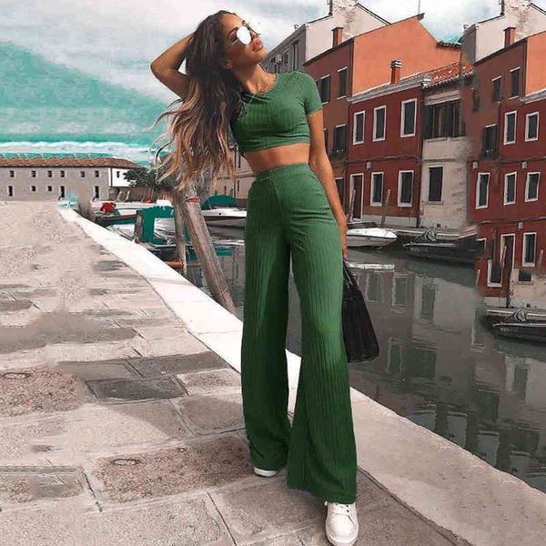 

knitted short sleeve jumpsuit romper o-neck crop wide leg pants casual 2 piece set female women pants sets women suits 210415, Black;white